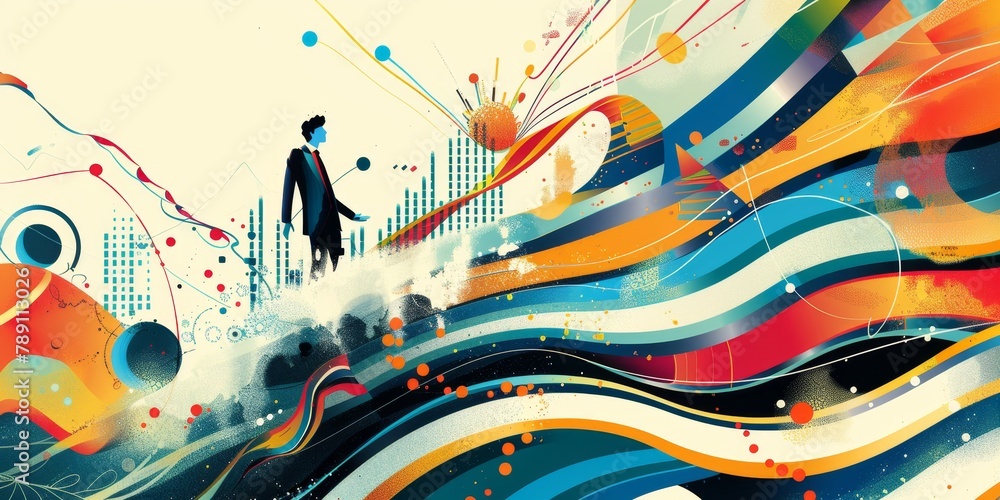 Poster a man is walking on a wave of colors. the image is a representation of the idea of progress and grow