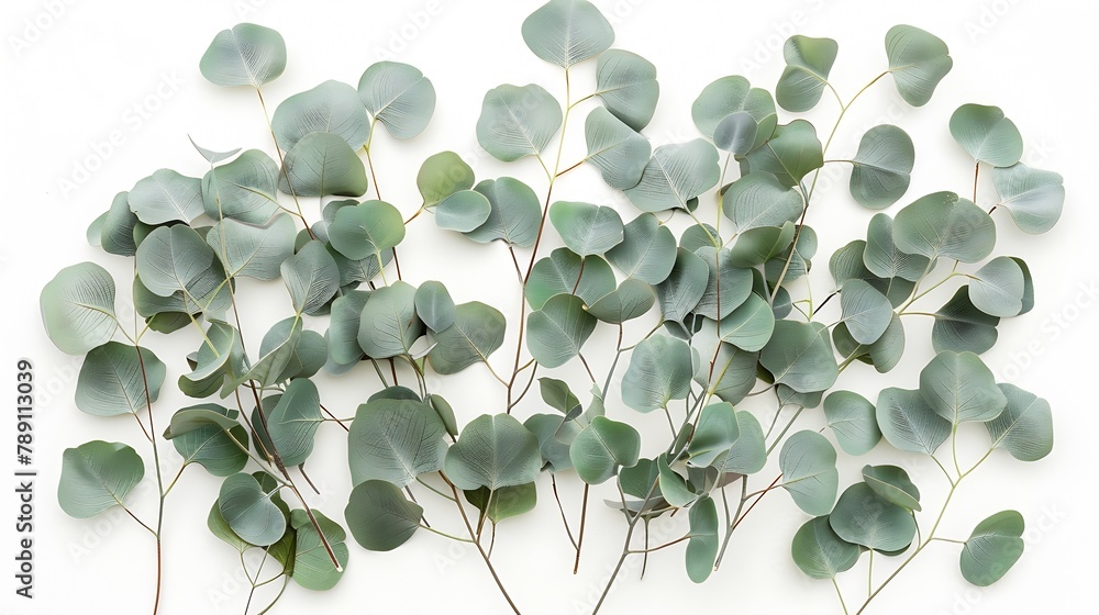 Aufkleber green eucalyptus branches on a white background flat lay top view : generative ai