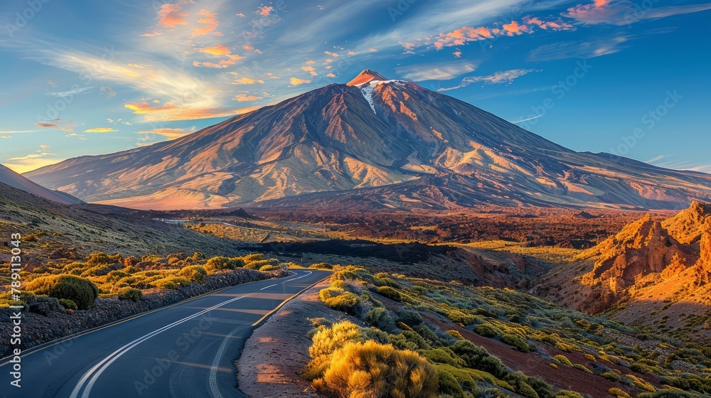 Poster a mountain range with a road leading to it. the sky is blue and the sun is setting