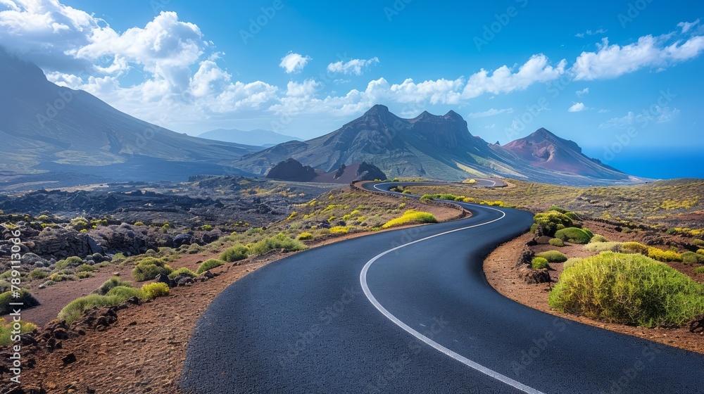 Poster a long road with a mountain in the background. the road is empty and straight. the sky is blue and t