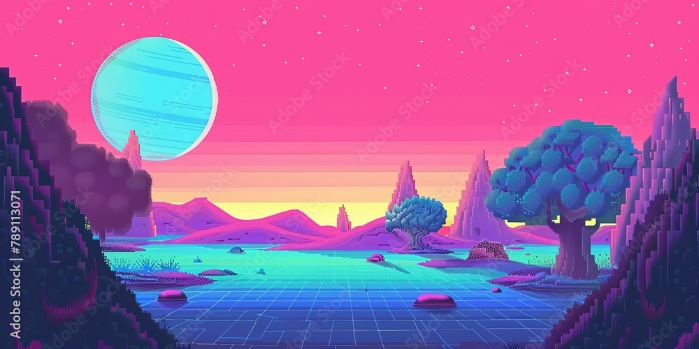 Poster a computer generated image of a planet with a blue moon in the sky. the sky is a mix of pink and blu