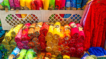 Bali March 2024 - Colorful sarongs on sale in the markets in Bali, Indonesia.