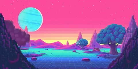 A computer generated image of a planet with a blue moon in the sky. The sky is a mix of pink and blue colors. The image has a futuristic and otherworldly feel to it