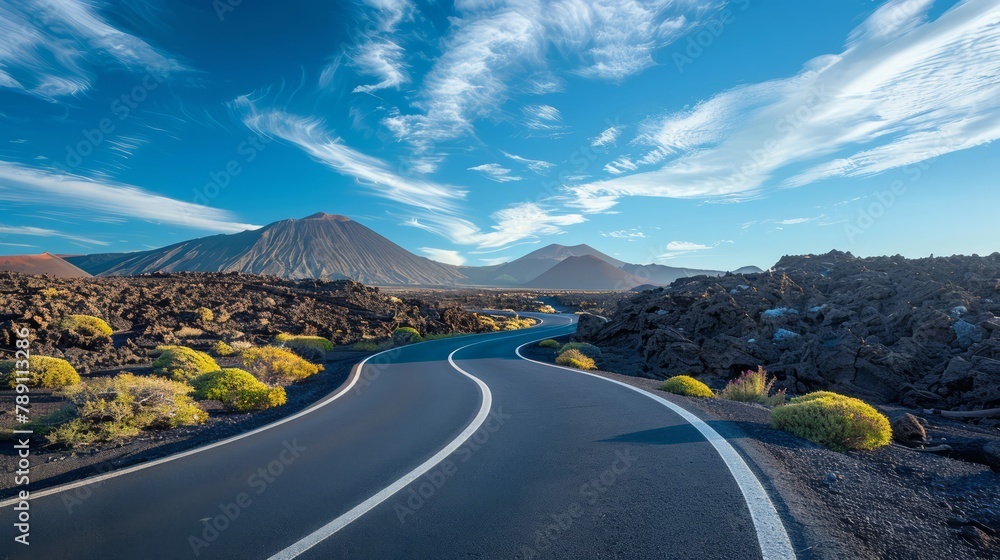 Poster a road with a mountain in the background. the road is empty and straight. the sky is blue with some 