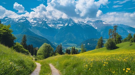 Obraz premium beautiful view of the mountains in the distance with a green flowering meadow country road. nature outside the city and path in the countryside