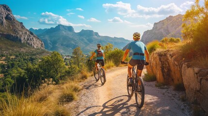 Fototapeta premium people engage in cycling along its rough terrain. bike trail among mountains and nature