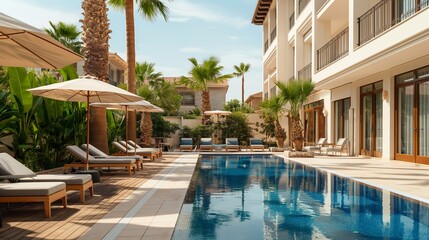 attractive banner with a pool area with sun loungers of a modern hotel To motivate clients to go on vacation at a luxury resort