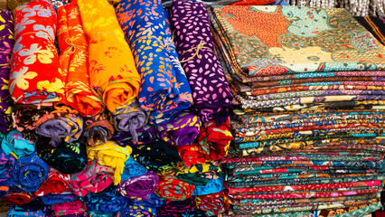 Bali March 2024 - Colorful sarongs on sale in the markets in Bali, Indonesia.