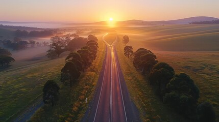 A road with trees on both sides and a sun in the sky - obrazy, fototapety, plakaty