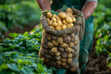 An up-close view of a farmer's hands lifting a sack full of nutritious potatoes, symbolizing hard work and the farm to table movement