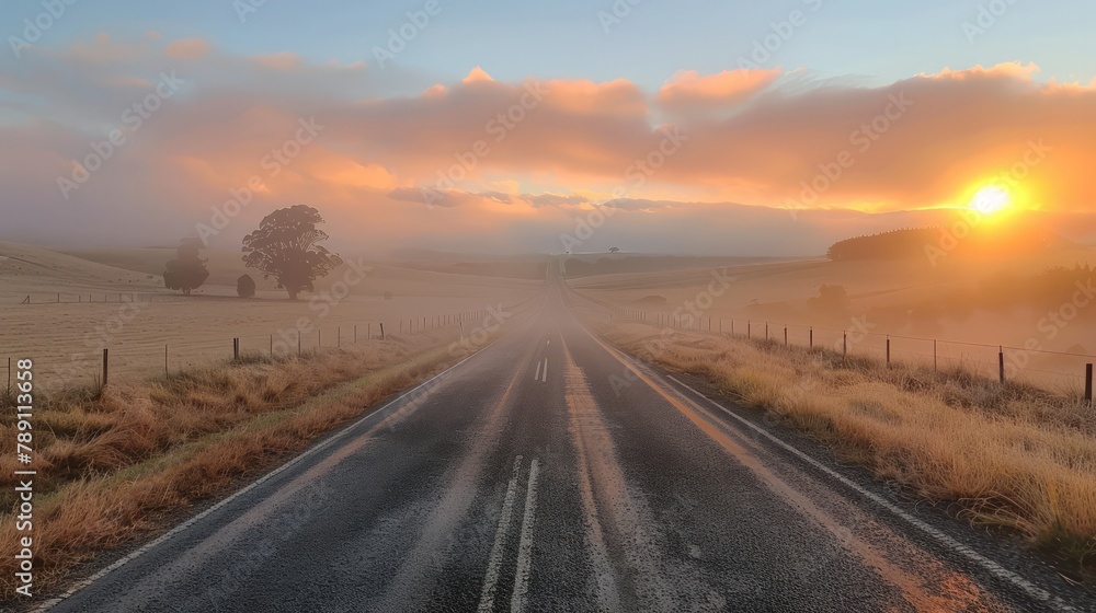 Poster a mountain range is in the background of a road. the road is empty and straight. the sky is blue and