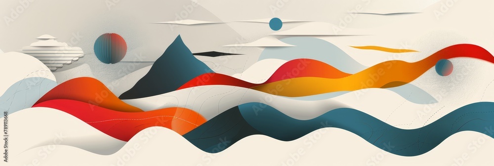 Poster a mountain range with a blue and orange wave in the middle. the mountains are in the background and 