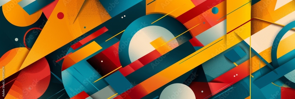 Poster a colorful abstract painting with a lot of different shapes and lines. the painting is full of energ