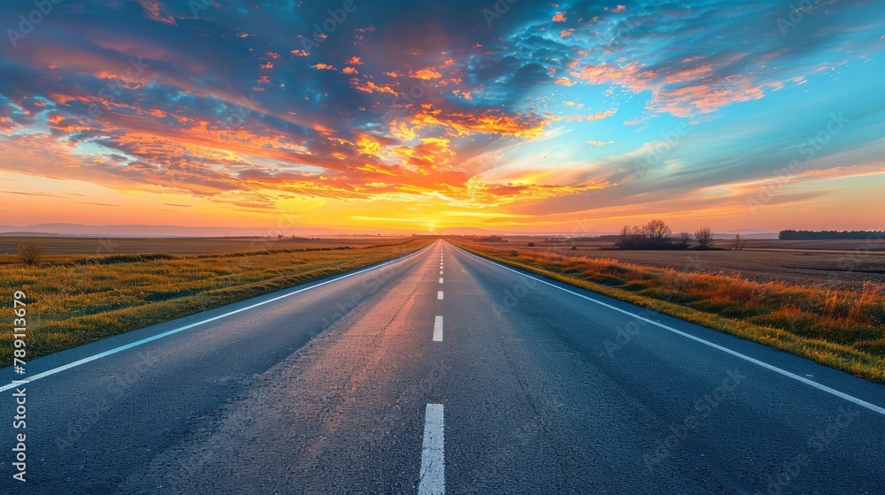 Poster a mountain range is in the background of a road. the road is empty and straight. the sky is blue and