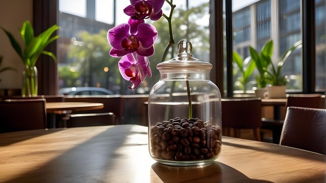 # Photorealistic Images"Blooming Orchid in Jar Filled with Coffee Beans on Cafe Table. The orchid is a vibrant, English blooming variety, standing tall in a clear glass jar. The jar is nestled among r