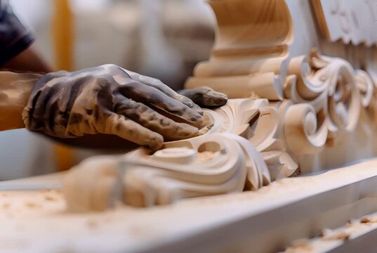 Artisan's hands expertly sculpting a detailed wooden piece, showcasing skill and patience in craftsmanship. Generative AI