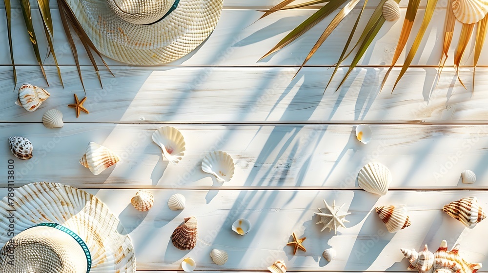 Poster beautiful summer holiday beach background with some accessories and shells on white wood panel borde