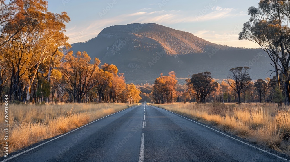 Poster a mountain range is in the background of a road. the road is empty and straight. the sky is blue and