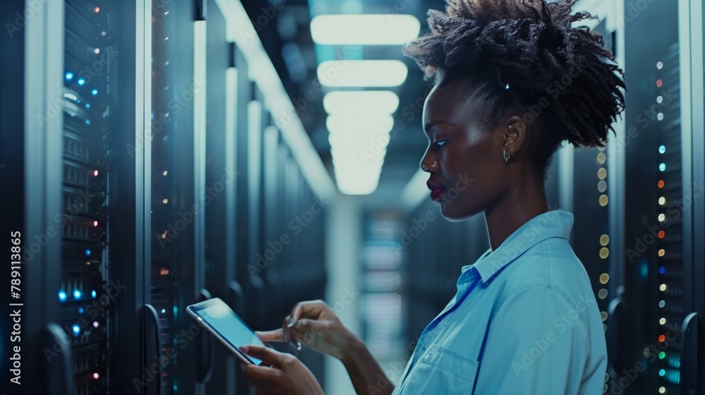 Poster A female data analyst in a data center uses a tablet to collect and process information on security and data protection. Control & Support Center Employee