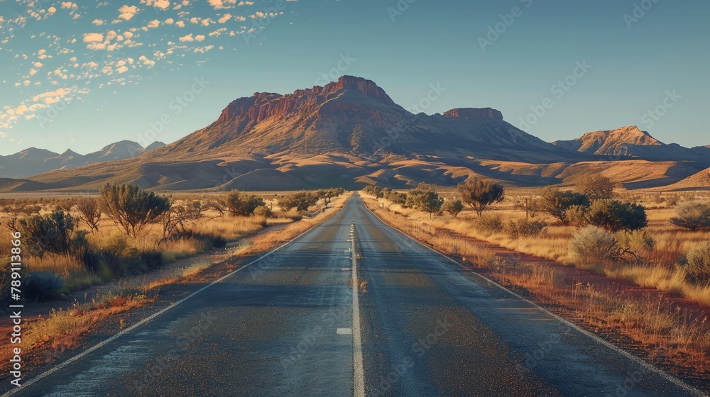 Poster a mountain range is in the background of a road. the road is empty and straight. the sky is blue and
