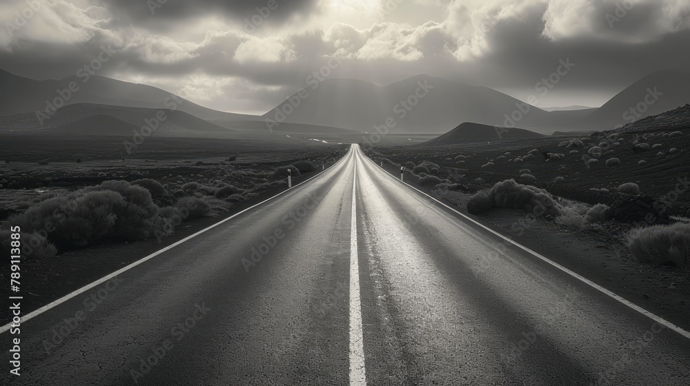 Poster a long road with a mountain in the background. the road is empty and the sky is cloudy