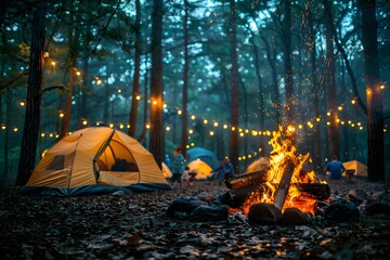 Campfire, Tents, and Lights in the Woods. Generative AI
