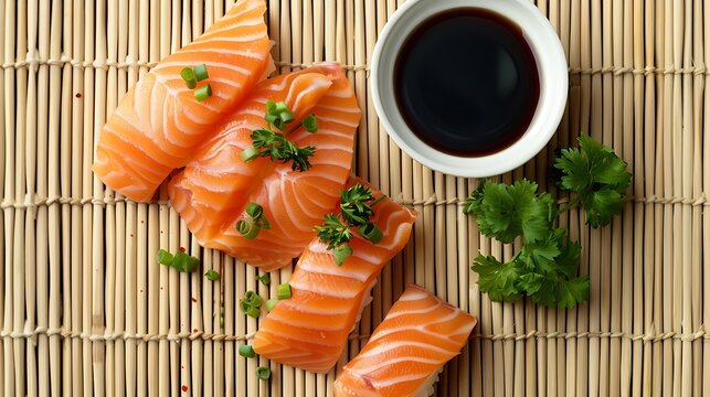 Delicious salmon sashimi served with funchosa soy sauce and parsley on bamboo mat flat lay : Generative AI