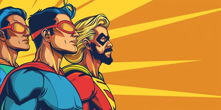 Three superheroes stand side by side, one of them wearing a red and blue costume. The image has a bright, energetic feel to it, with the superheroes looking powerful and ready for action