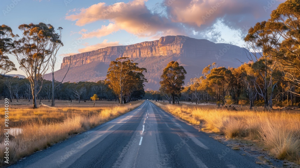 Poster a mountain range is in the background of a road. the road is empty and straight. the sky is blue and