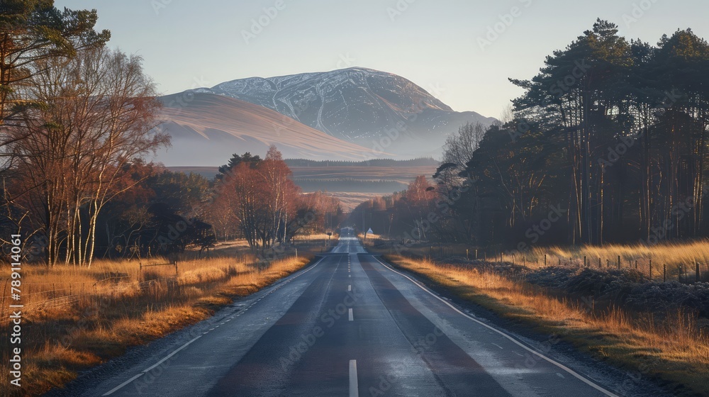 Poster a road with a mountain in the background. the road is empty and the trees are bare. the sky is blue 