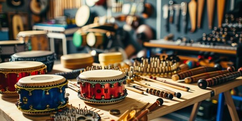 A table full of drums and other percussion instruments. The drums are of different sizes and colors, and there are also some sticks and other percussion instruments on the table - obrazy, fototapety, plakaty