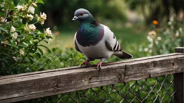 # Prompt 1: Photorealistic Images"An English pigeon perched gracefully on a wooden fence, its feathers ruffled by a gentle breeze. The pigeon gazes into the distance with curiosity, its beady eyes ref