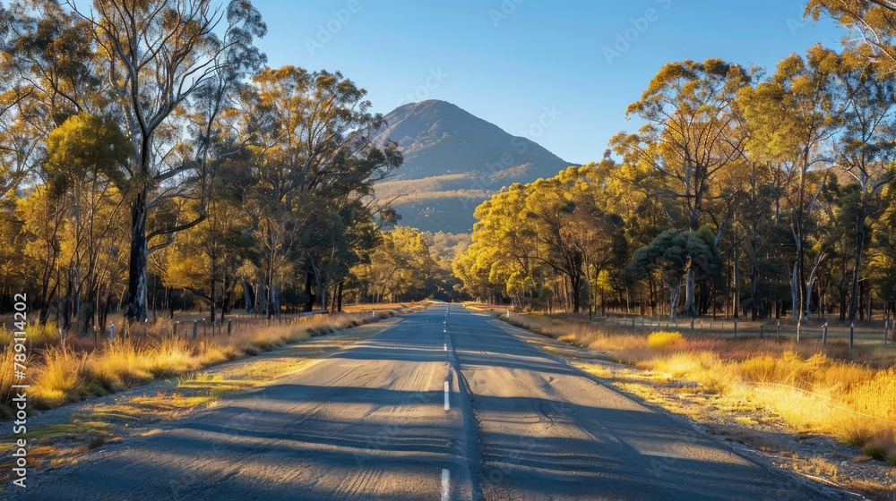 Poster A road with trees in the background and a mountain in the distance. The road is empty and the sky is clear
