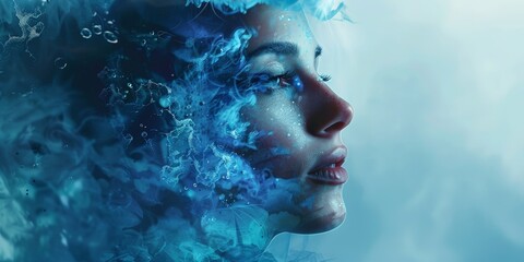 A woman's face is shown in a blue watery background. The image has a dreamy, ethereal quality to it, as if the woman is floating in a sea of water
