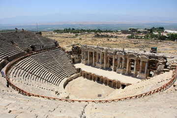 Panoramic view of Antique Theater in ancient Greek city Hierapolis, Pamukkale, Denizli City, Turkey.