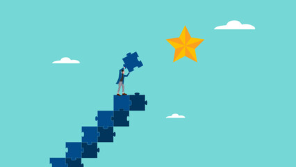 strategy to achieve hope in business or career, journey to achieve new hopes of career development, businessman making ladder from puzzle to reach the star symbolizing successful goal achieve © Vanz Studio