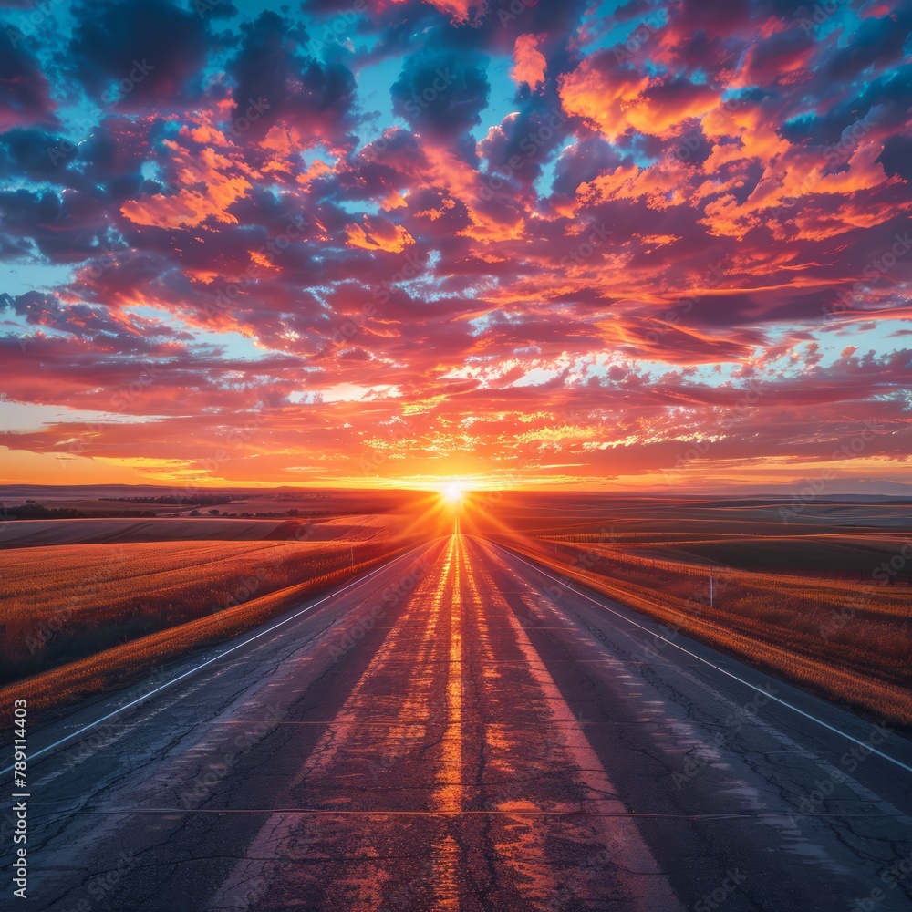 Poster a long road with a bright sun shining on it. the sky is filled with clouds and the sun is setting