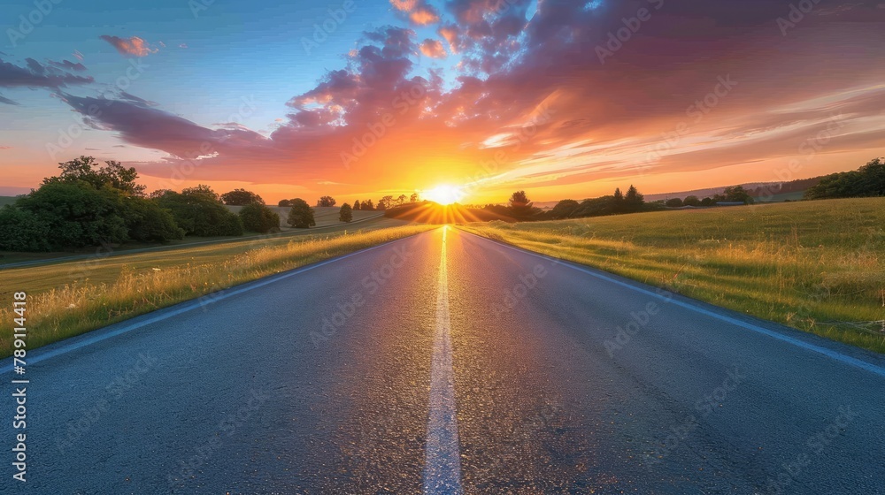 Poster a road with a sun setting in the background. the road is empty and the sky is cloudy