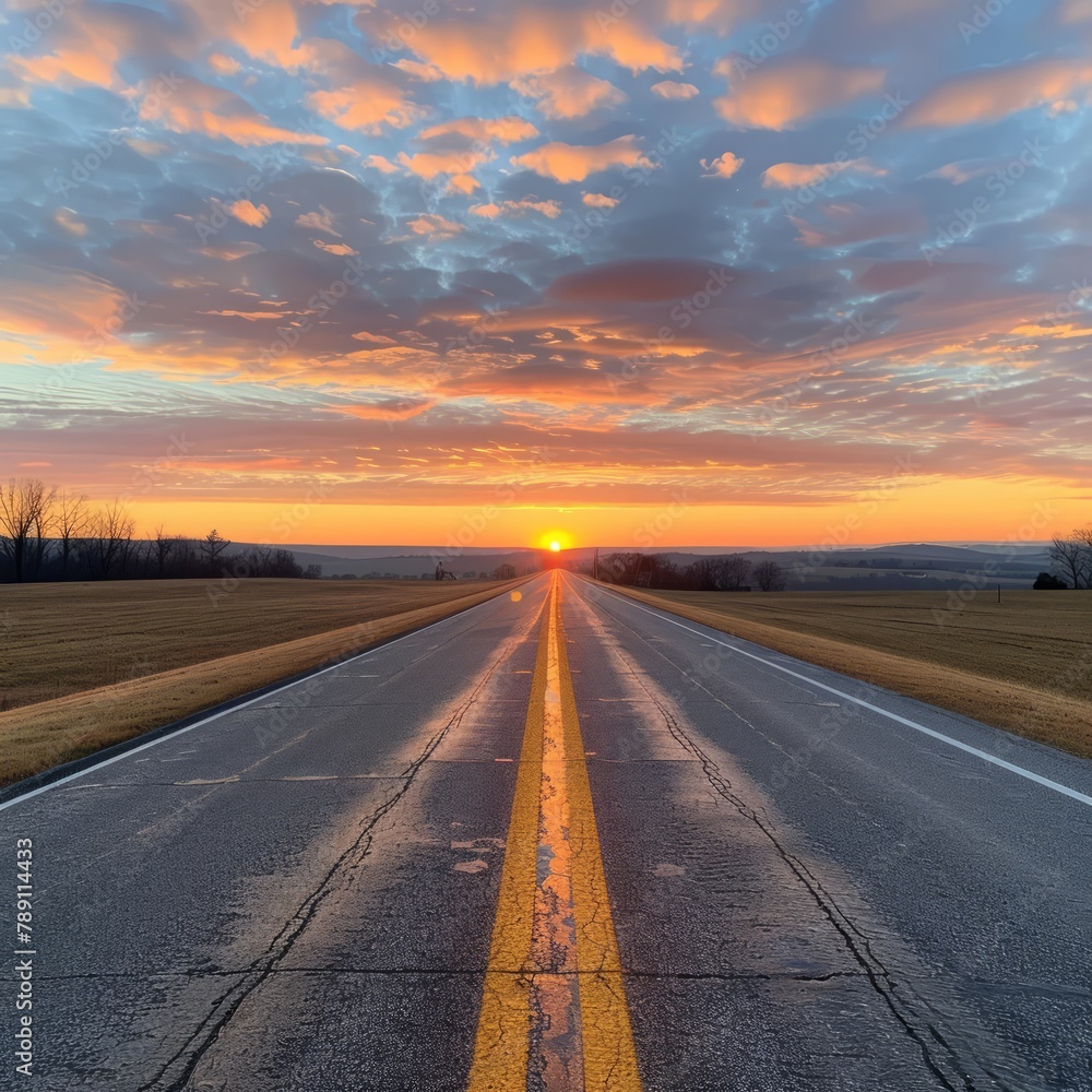 Aufkleber a long road with a yellow line down the middle. the sun is setting and the sky is cloudy