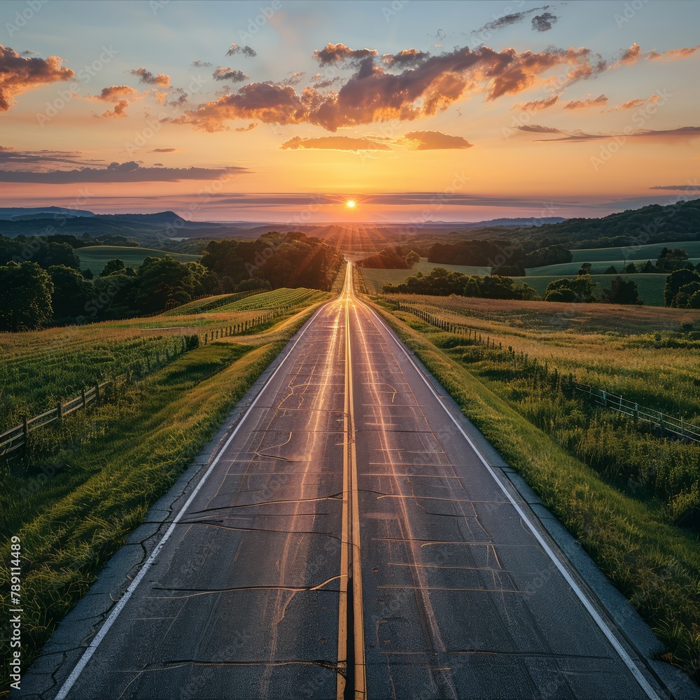 Poster a long road with a sunset in the background. the road is empty and the sky is filled with clouds