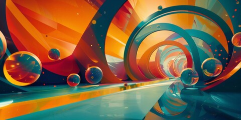 A colorful, abstract painting of a tunnel with many spheres of different sizes. The painting has a sense of movement and depth, with the spheres appearing to be floating in the air - obrazy, fototapety, plakaty