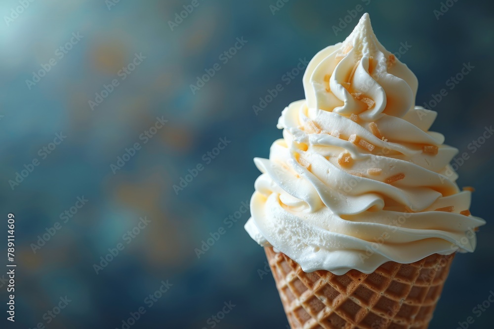 Poster soft-serve vanilla ice cream in a cone with a caramel drizzle against a blurred bokeh background