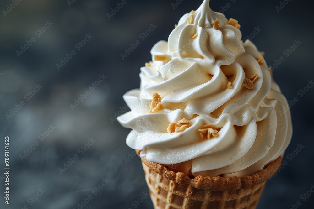 Poster closeup of a swirling vanilla soft serve ice cream topped with sprinkles in a crispy waffle cone wit