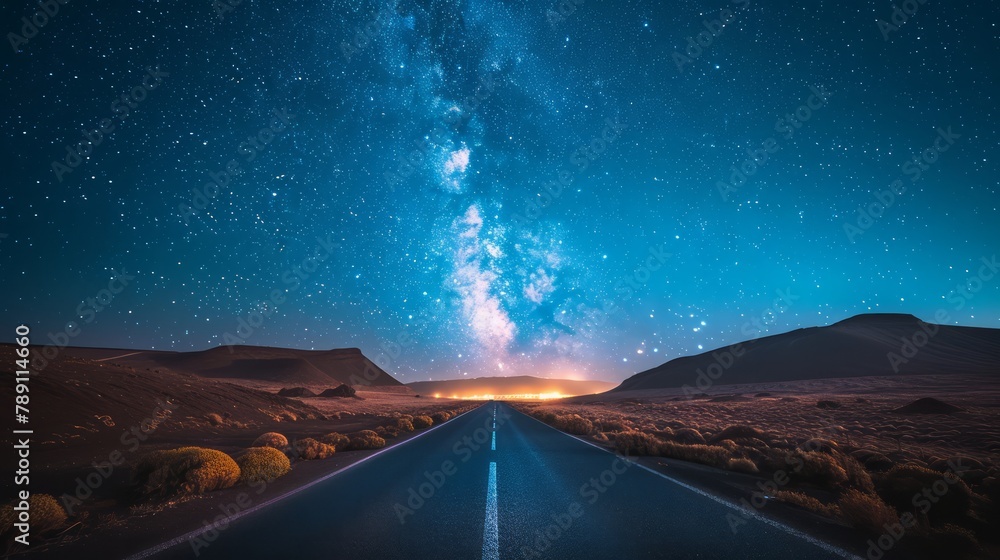 Poster a road with a long line of stars in the sky. the stars are scattered all over the sky, creating a be