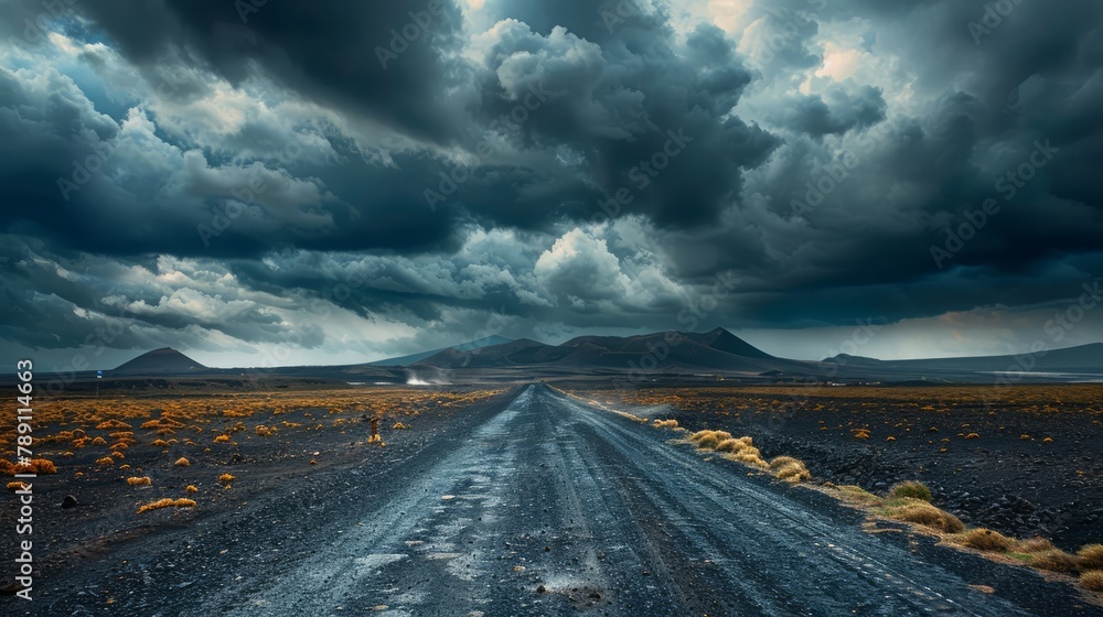 Poster a desolate road with a stormy sky above. the clouds are dark and ominous, and the road is wet and sl