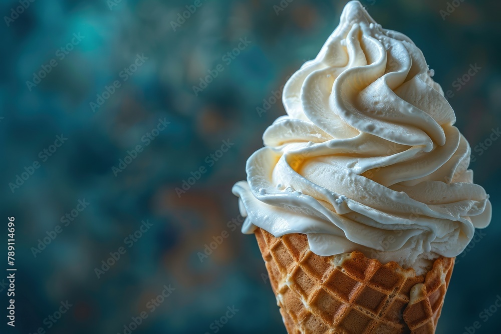 Poster detailed image of vanilla soft serve ice cream with a perfect swirl in a waffle cone, focused agains