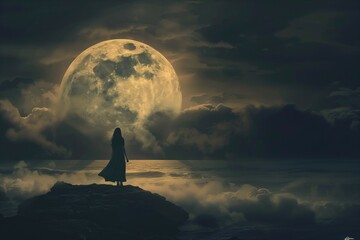 Lonely woman silhouette against stormy ocean and big detailed rising moon in night cloudy sky standing for solitude, isolation and sadness emotion of introverts - obrazy, fototapety, plakaty