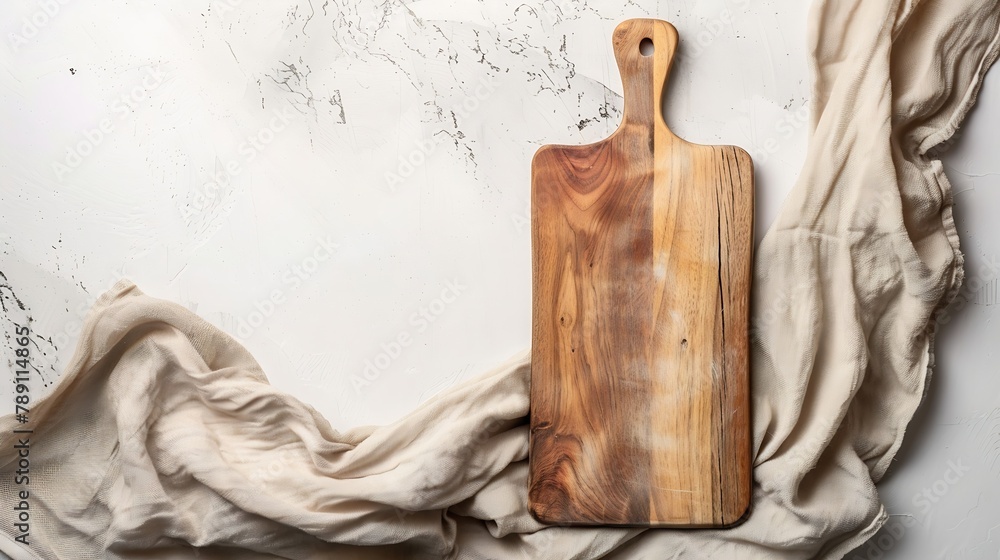 Aufkleber Empty wooden cutting board and tablecloth on white stone table Top view copy space : Generative AI