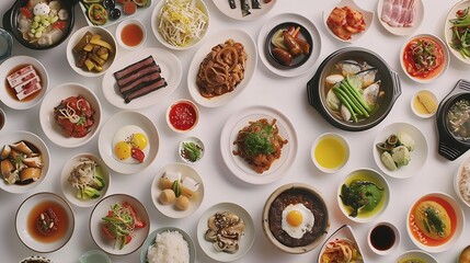 Assortment of Korean traditional dishes Asian food Top view flat lay panorama : Generative AI
