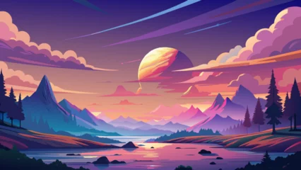 Muurstickers Beautiful Landscape Background Sky Clouds Sunset View Wallpaper Landscape Light Colours Purple Anime style Magic and Colorful © ilolab